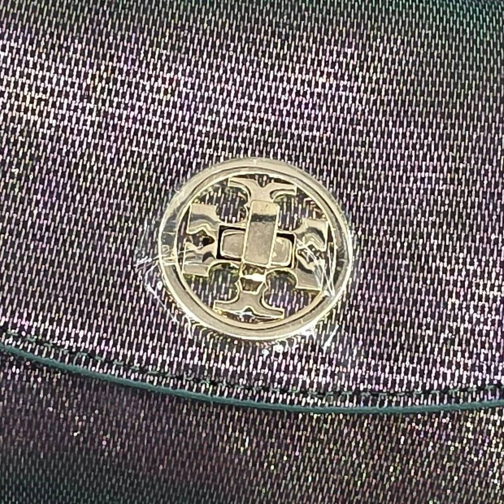 Tory Burch Austin Flap Clutch Bag Green Purple Iridescent Metallic Galaxy Cyber